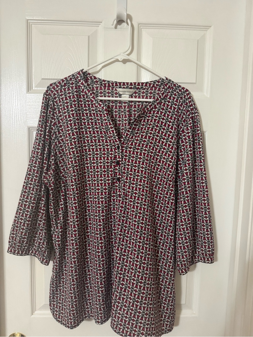 Christopher & Banks Red and Black Geometric V-Neck Blouse